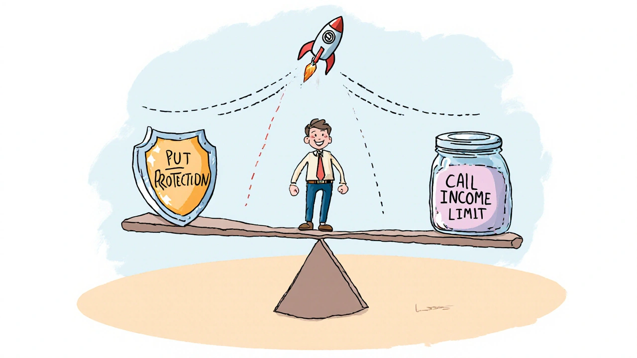 A seesaw balances put protection and call income in a collar strategy with capped upside.