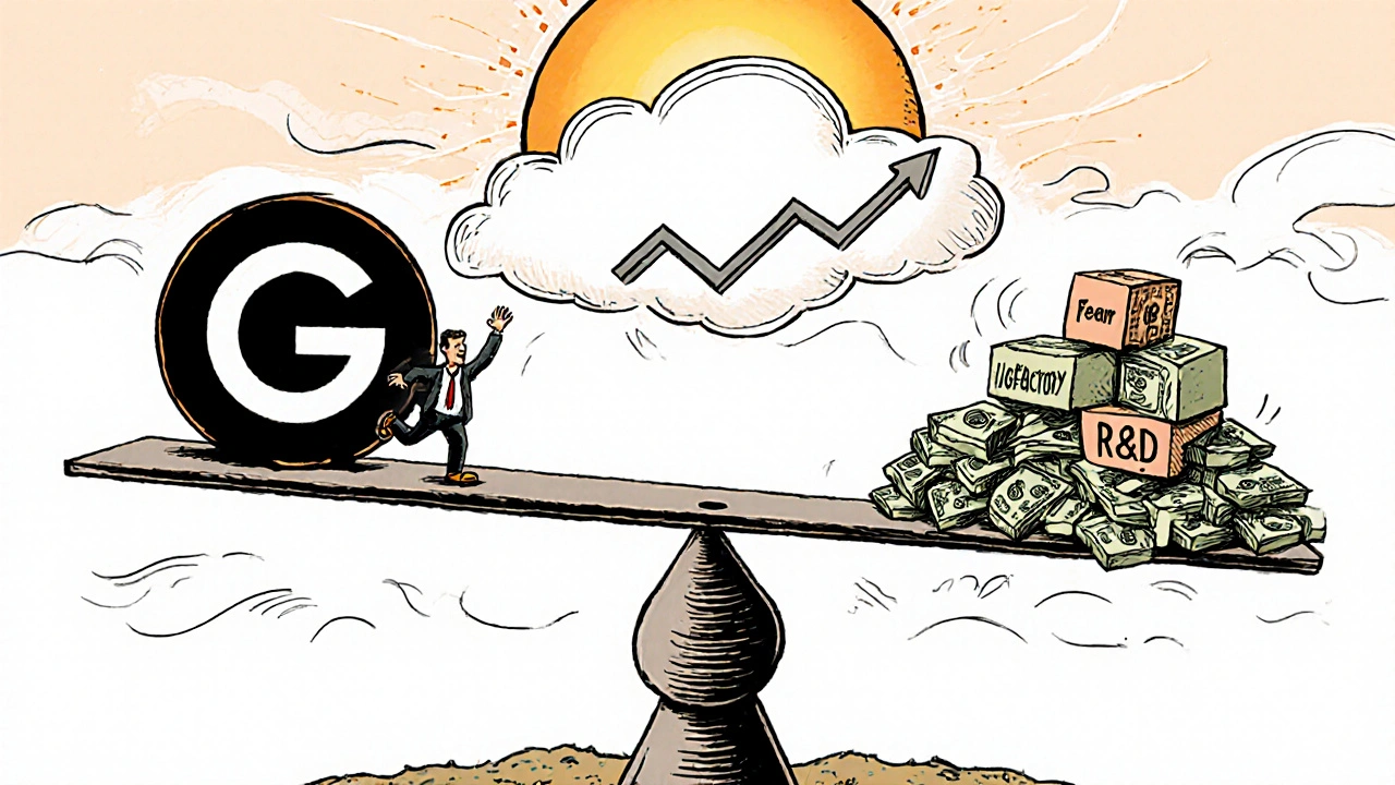 A seesaw balancing company growth against cash withdrawal, with a tiny engineer building a factory as a hedge fund mascot departs.