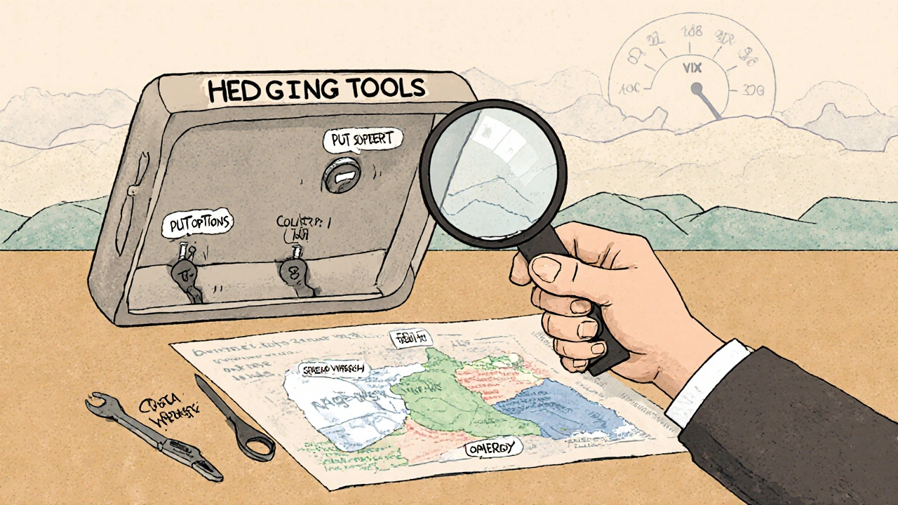 A toolbox of hedging tools rests beside a portfolio map with a beta compass guiding protection.