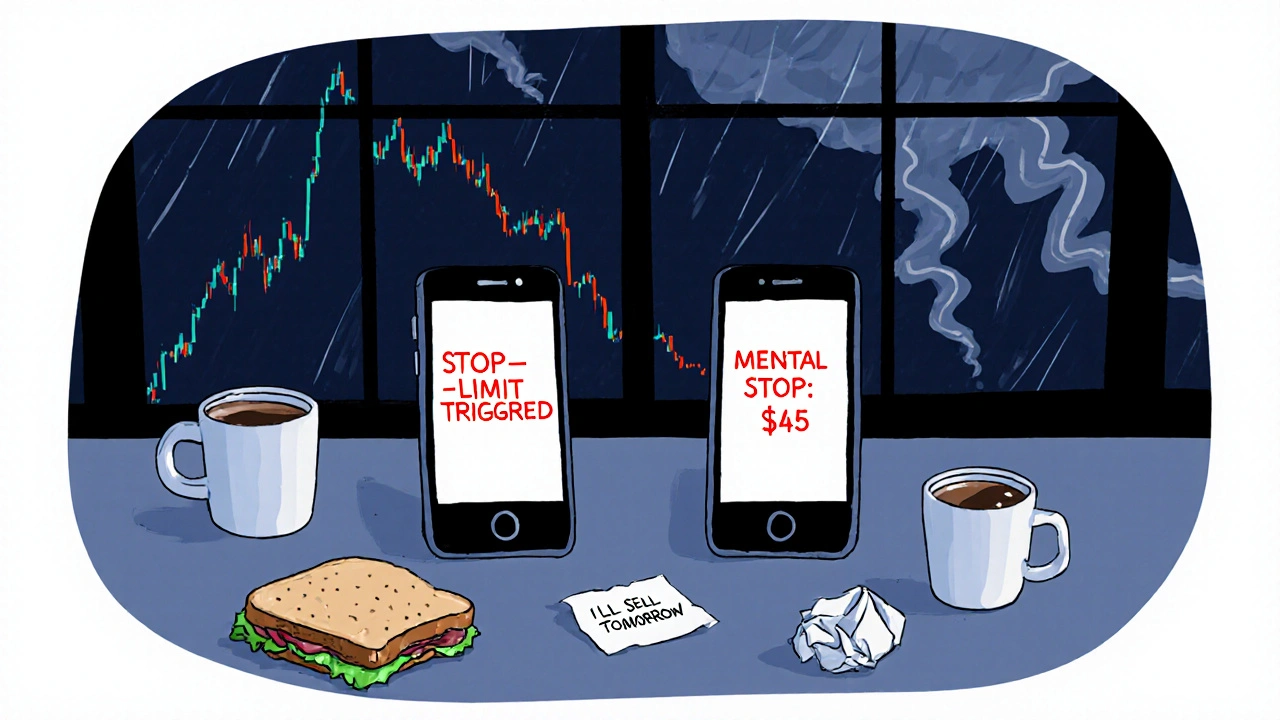A trader&#039;s cluttered desk at night: one phone alerts of a filled stop-loss, another shows a missed mental stop with crumpled notes and burning cash.