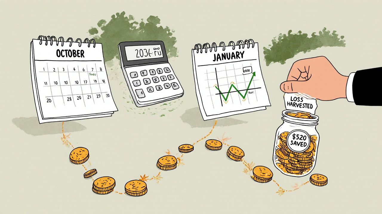 Calendar from October to January showing tax-loss harvesting steps leading to ,520 saved in a jar.