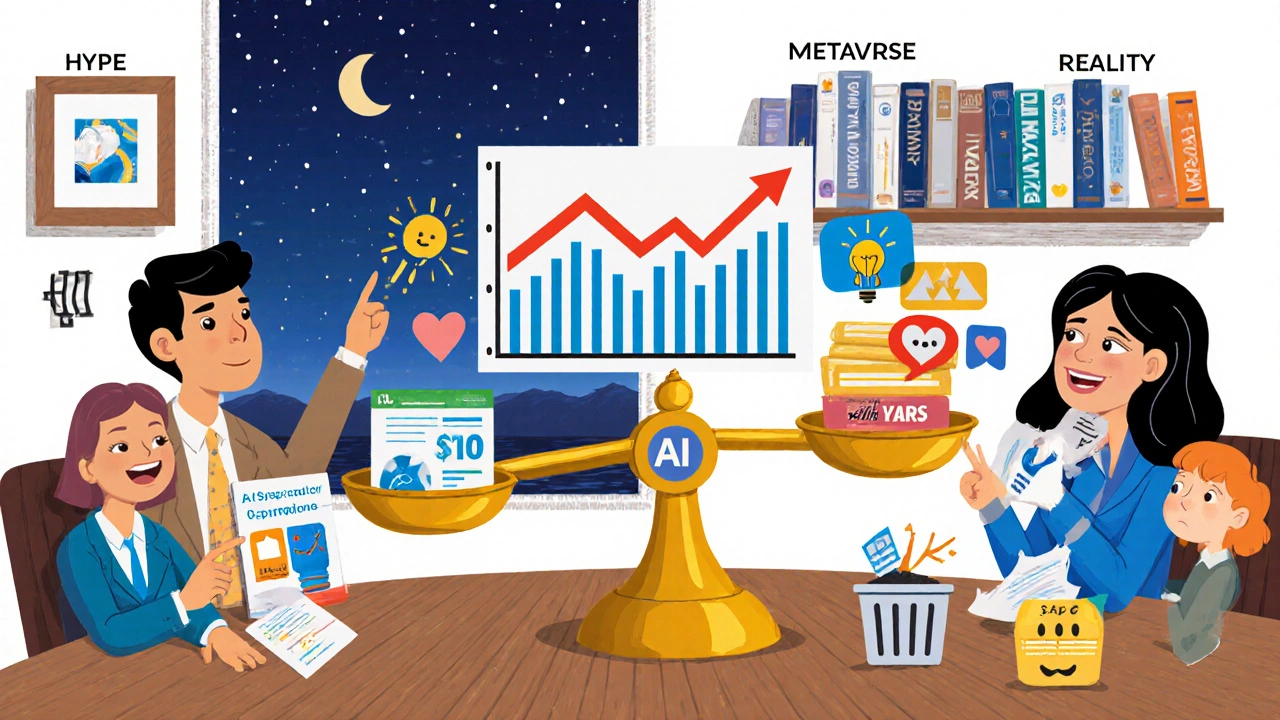 Cartoon of investors at a table balancing themed investment cards and emotional icons, with a sinking metaverse card in the trash.