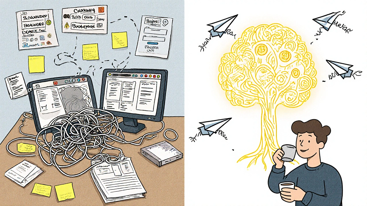 Contrasting messy old banking habits with a clean, unified financial app managing all accounts.