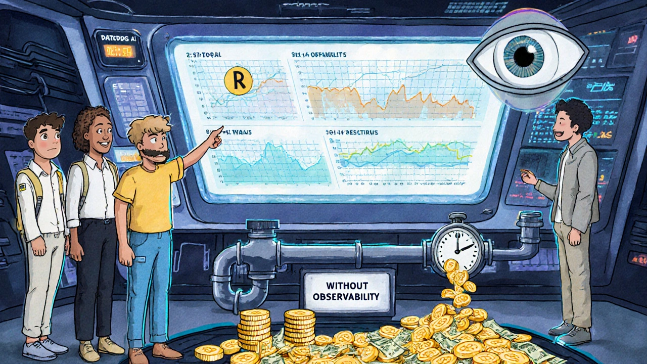 Engineers monitoring holographic payment traces with AI detecting anomalies, coins flowing steadily as revenue.