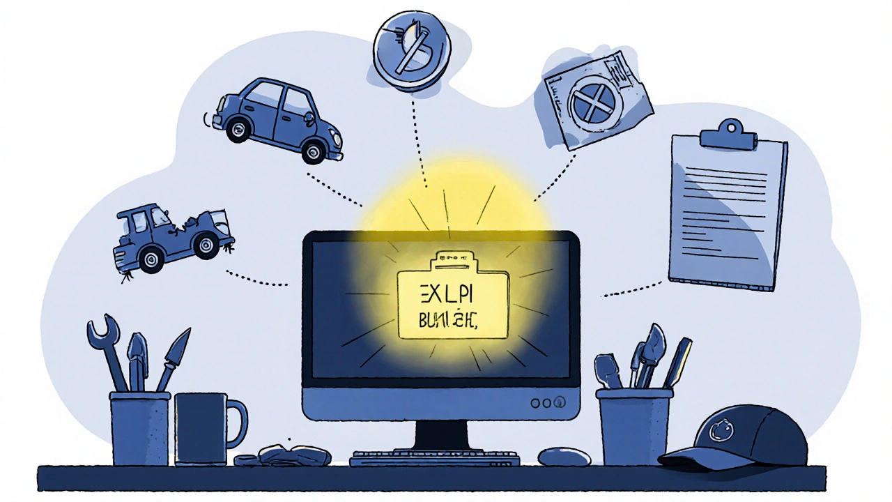 Home office desk with BOP bundle glowing amid icons of excluded coverages like car, computer, and clipboard.