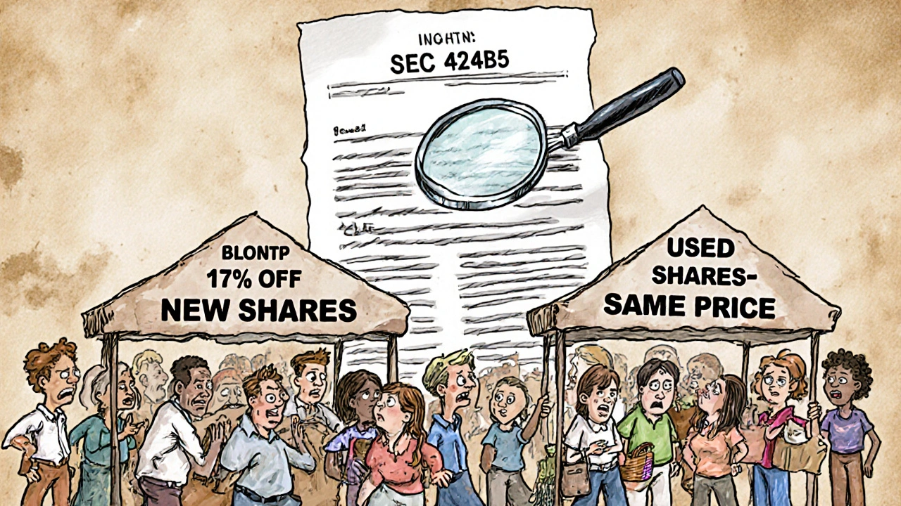 Illustrated marketplace with two share stalls: one heavily discounted and avoided, the other calmly attended, under a magnifying glass over an SEC form.