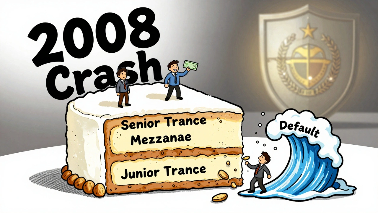 Illustration of a tranches cake with investors on each slice, one collapsing under default waves.