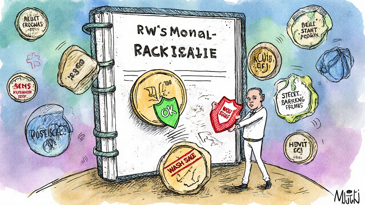 Investor swapping one ETF for another to avoid wash sale, with replacement funds and a blocked IRS warning.