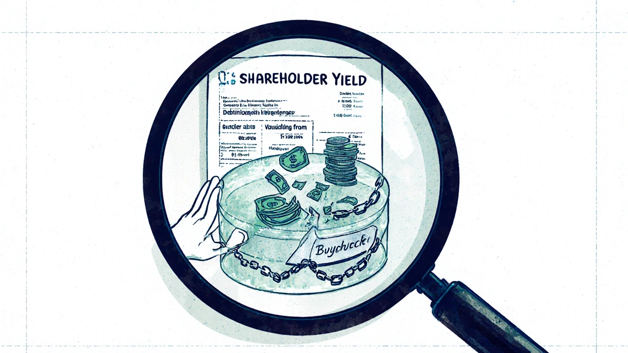 Magnifying glass revealing three components of shareholder yield: dividends, buybacks, and debt reduction.