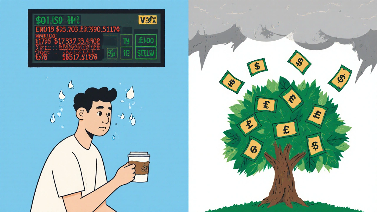 One person stressed by stock charts, another calm as money flows into a growing tree of shares.