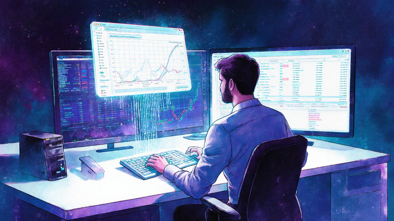 Professional trader switching between desktop and projected web interface with flowing data streams.
