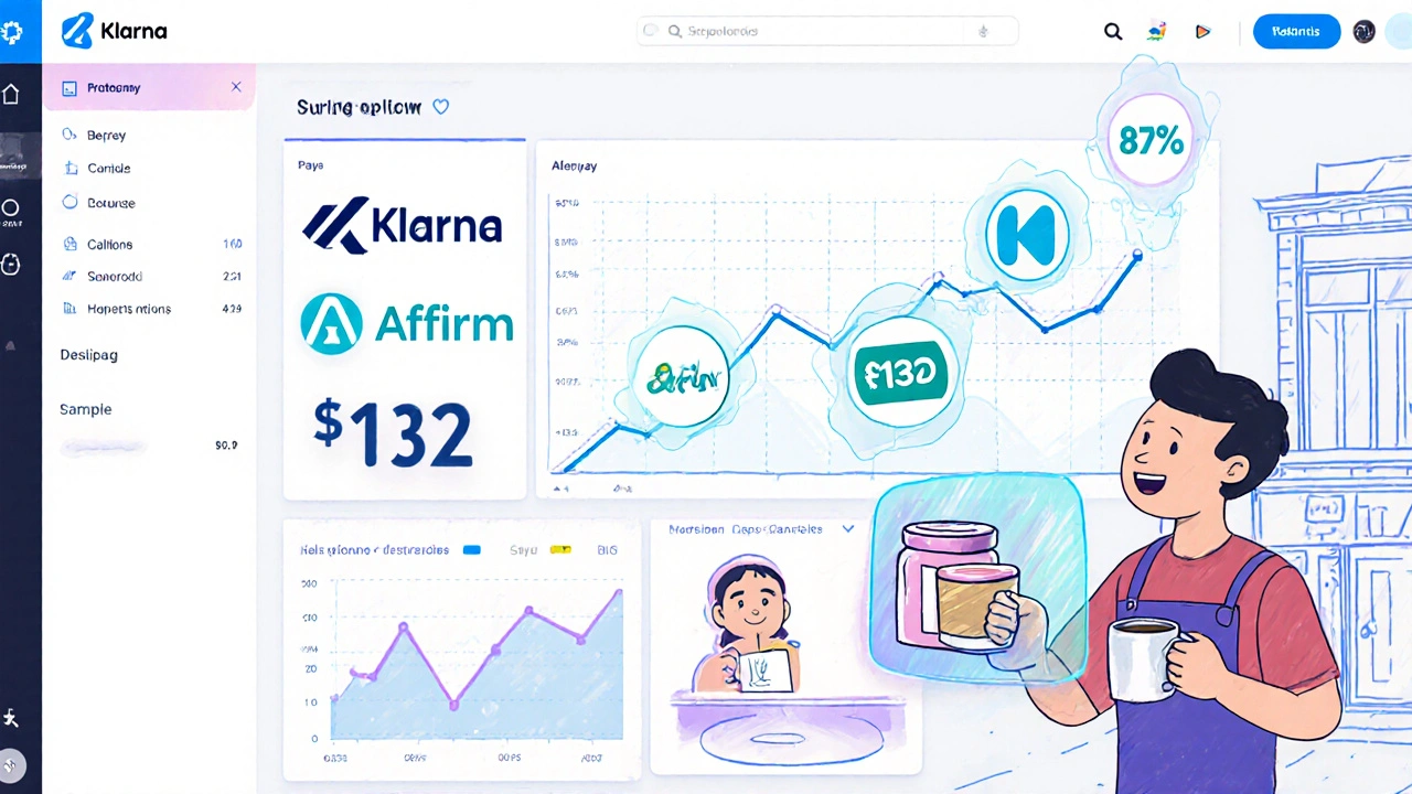 Small business dashboard with rising sales graphs and BNPL logos, merchant watching holographic customer buy candles.
