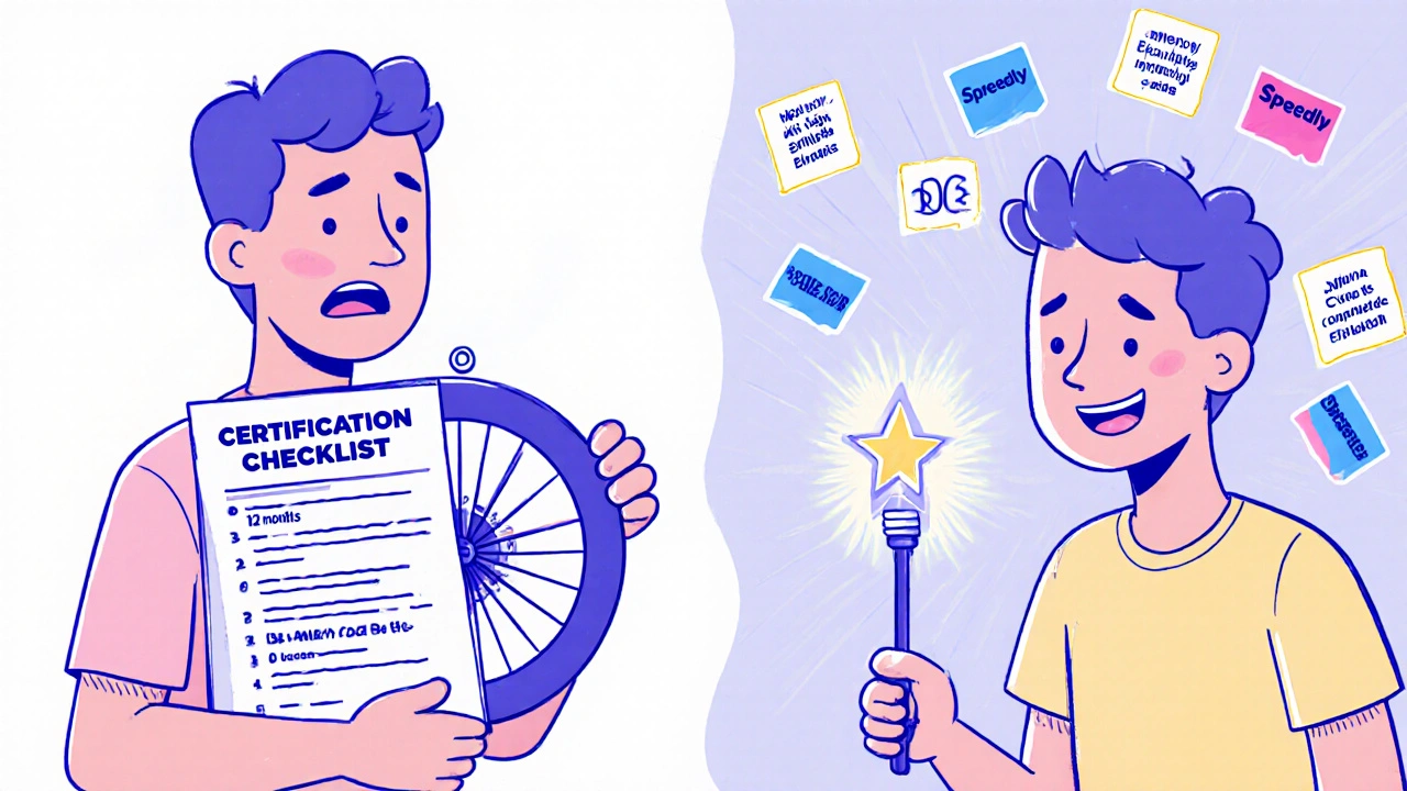 Split cartoon scene: a stressed developer facing a long certification timeline vs. one using a platform to instantly connect to card networks, compliance rules as sticky notes.