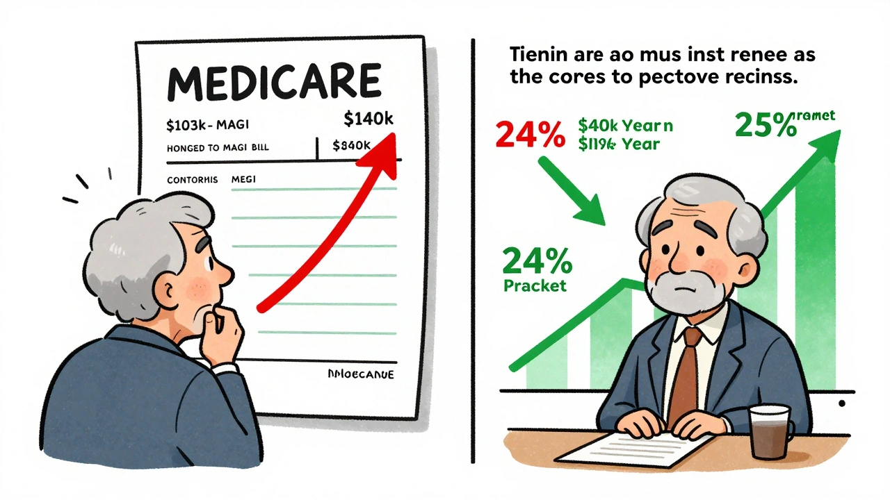 Split illustration: one side shows high Medicare costs from a large Roth conversion, the other shows steady, low-tax annual conversions.