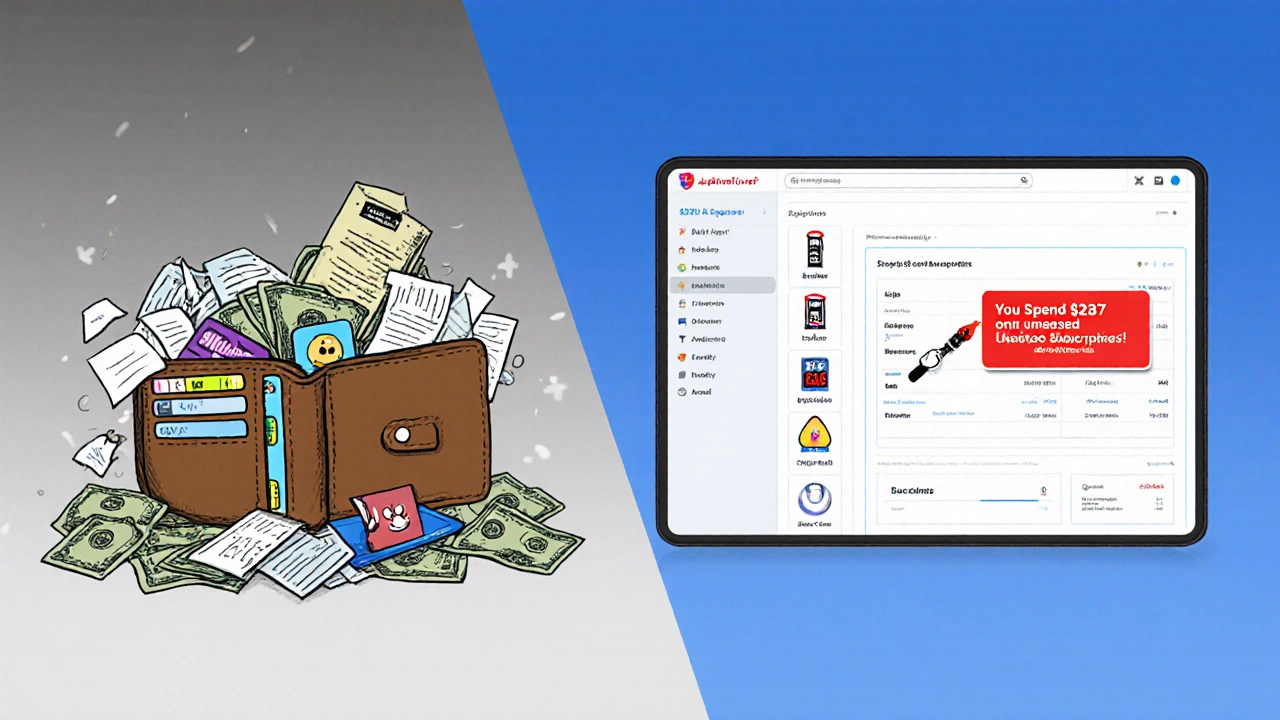 Split scene: messy wallet on one side, clean digital budget dashboard on the other, with AI guidance.