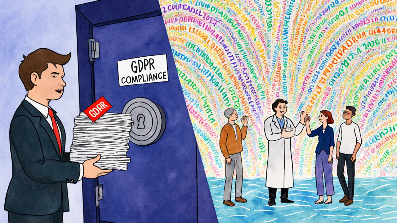 Split scene: real bank records locked away vs. synthetic data flowing as a colorful river, no personal details visible.