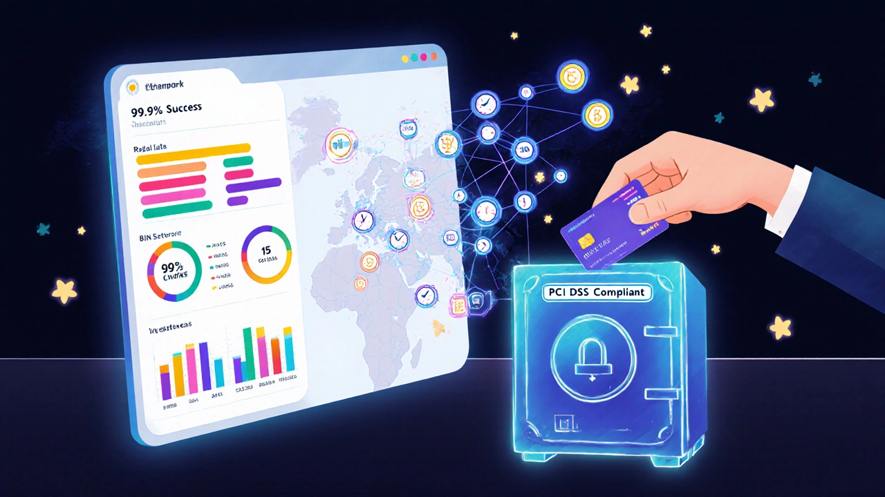 Split-screen dashboard showing payment metrics and encrypted trace map with secure vault and floating tokens.