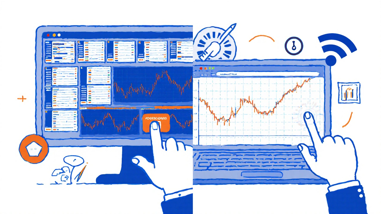 Split-screen: powerful desktop trading interface vs. limited web platform with flickering Wi-Fi.