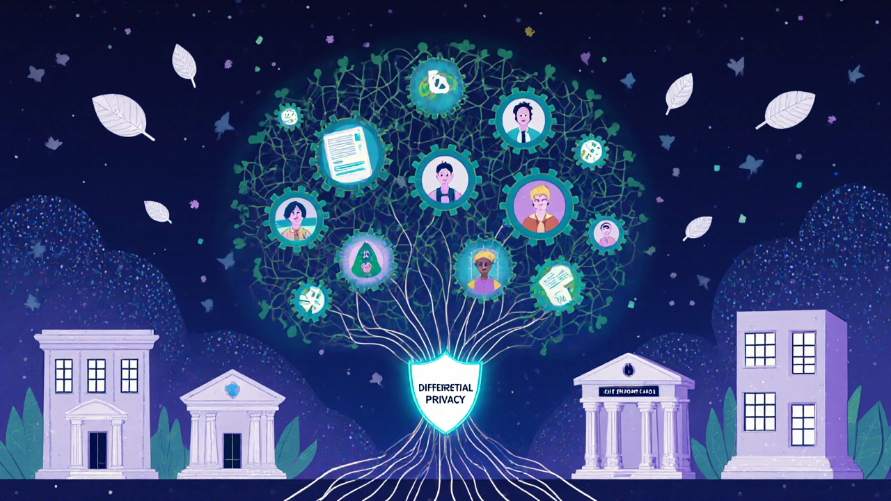 Ten bank buildings sending data into a neural tree that blooms with synthetic finance patterns, protected by a privacy shield.