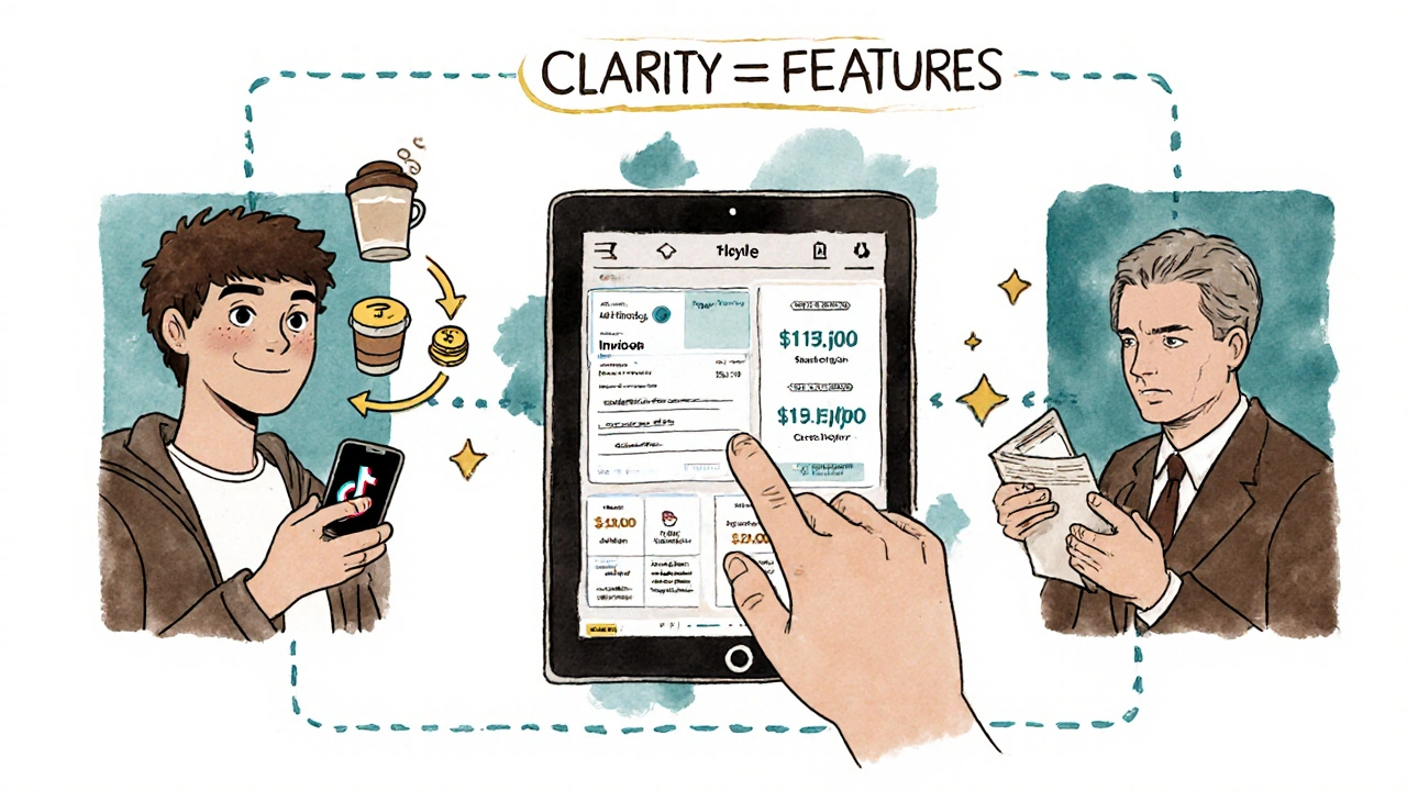 Three different users — student, freelancer, business owner — each interacting with fintech tools tailored to their needs.