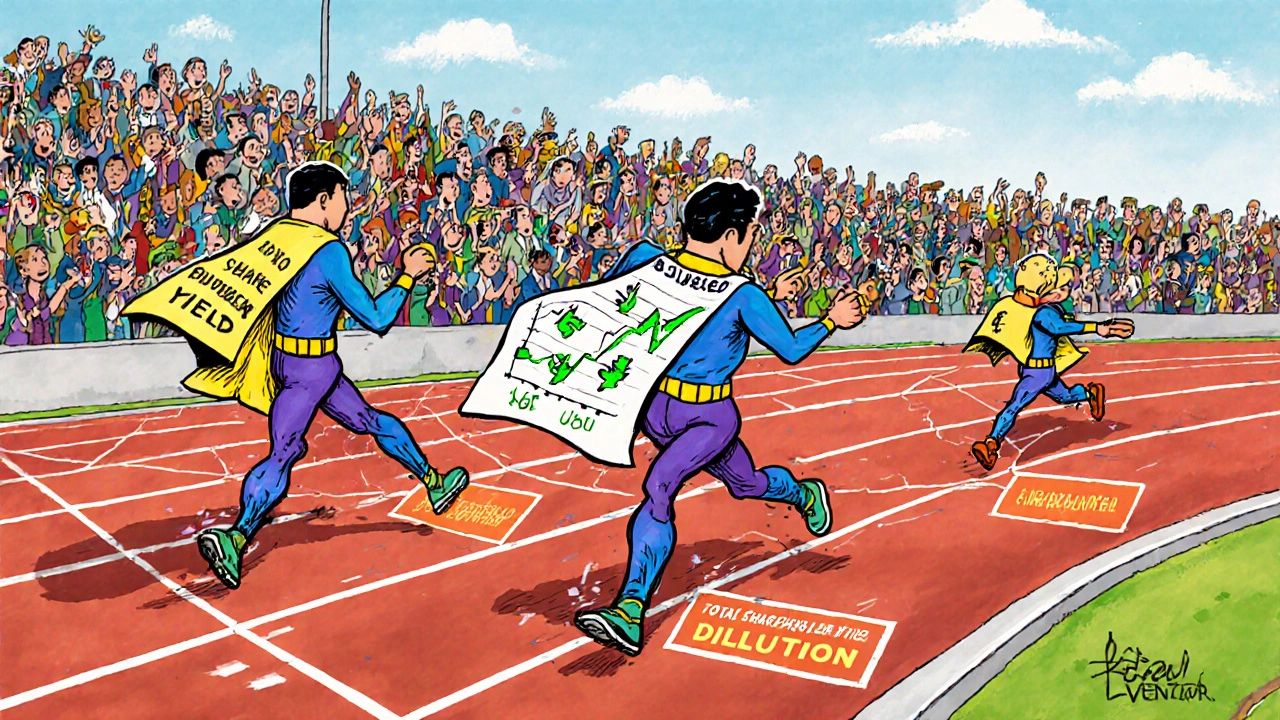 Three runners in a race, shareholder yield far ahead, dividend runner tripping over dilution sign.