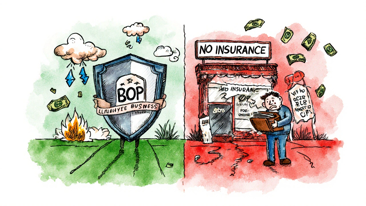 Two-panel cartoon: one business protected by BOP, the other ruined without insurance, in whimsical hand-drawn style.