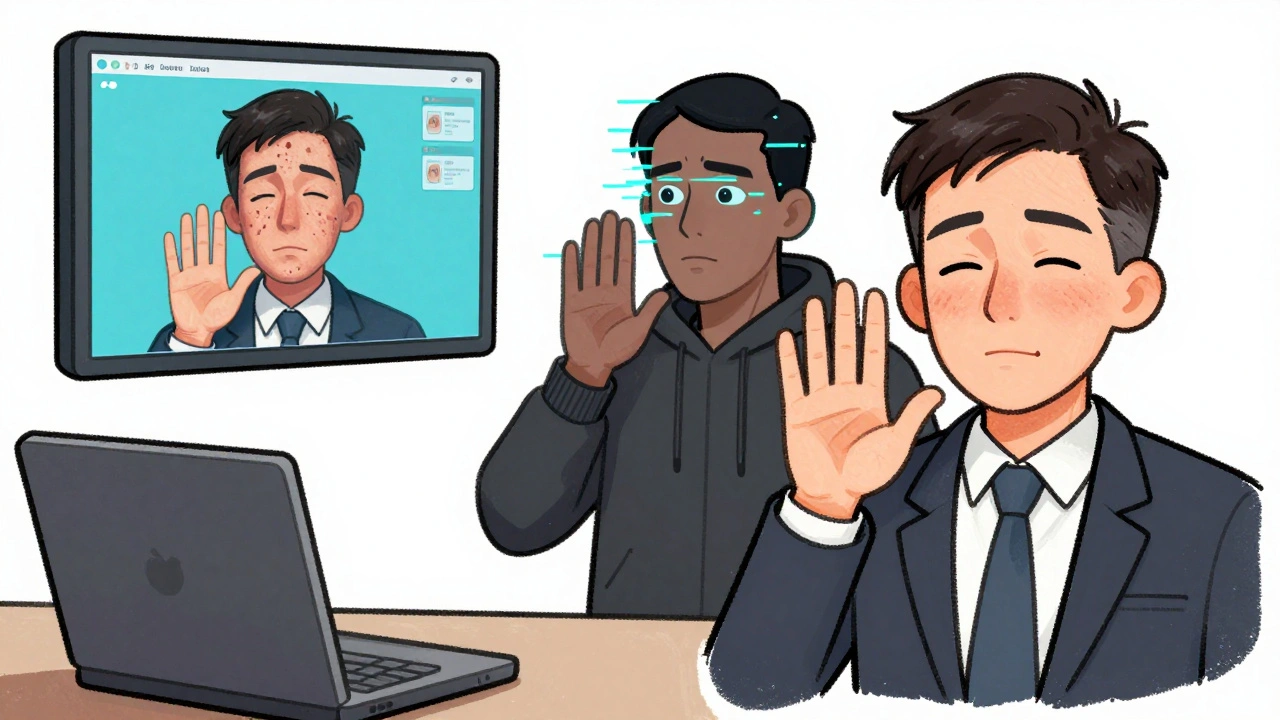 A customer blinks on command as AI scans their face in 3D to detect deepfakes, while a fake version glitches nearby.