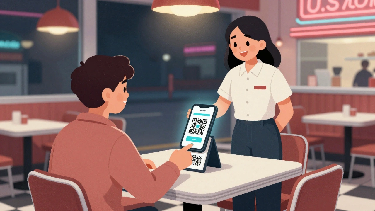 A customer in a U.S. diner scans a QR code on the table to split a bill, with the server smiling nearby.