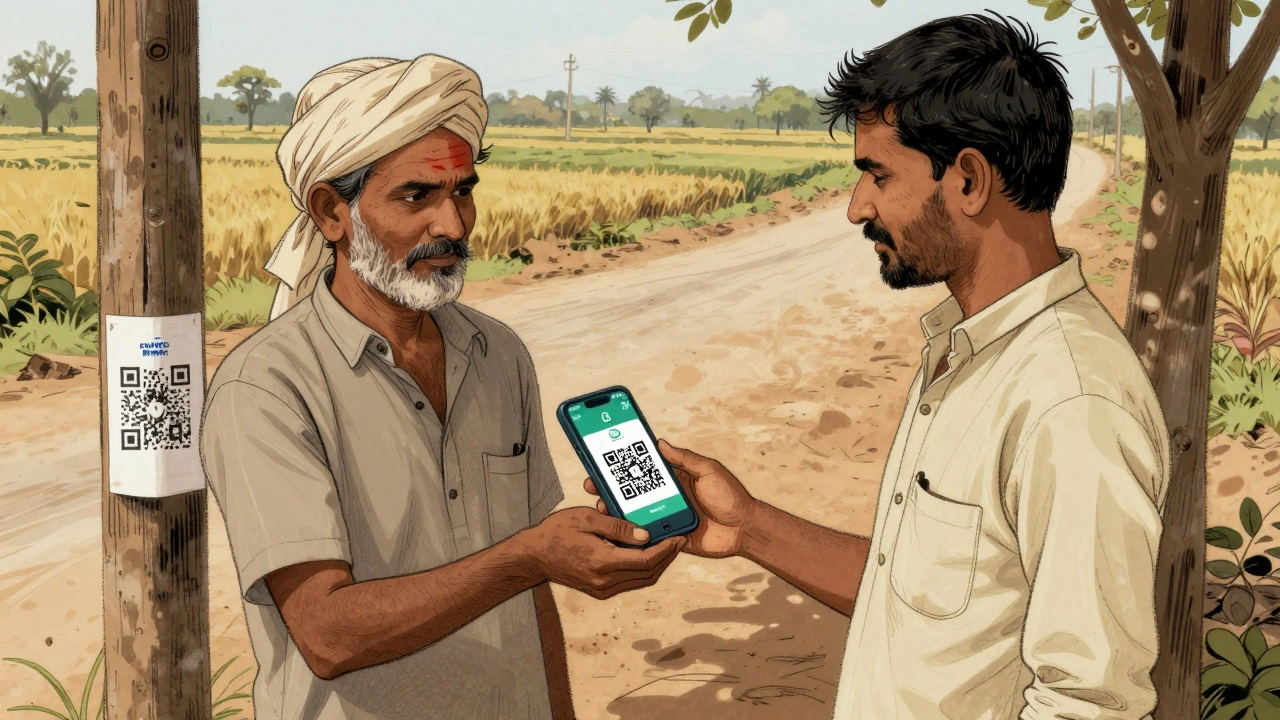 A farmer in rural India receives a payment via QR code on a basic phone, with a small global payment standard logo visible.