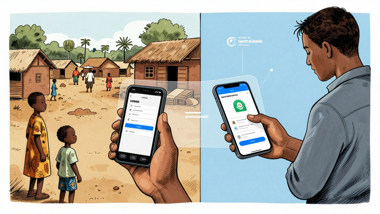 A rural family in Nigeria and a European shopper both using digital money, shown side-by-side with network overlays connecting them.