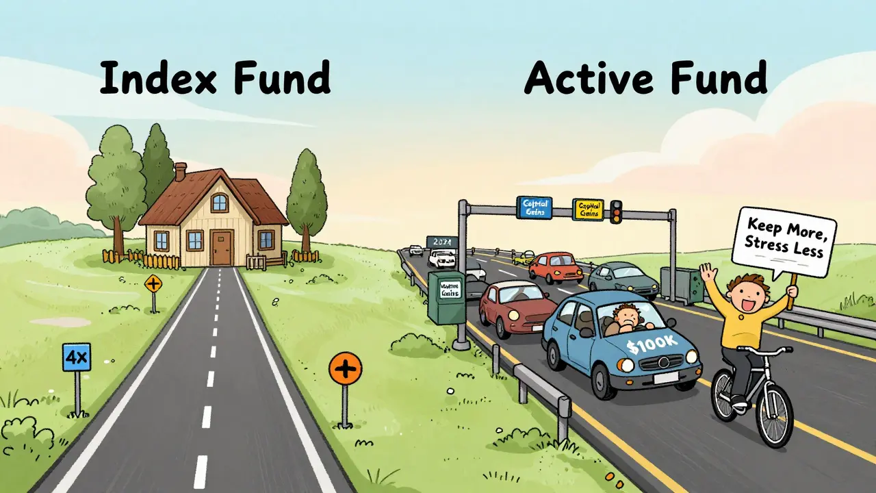 A timeline road showing a smooth index fund path to a retirement cabin versus a tax-toll-heavy active fund highway.