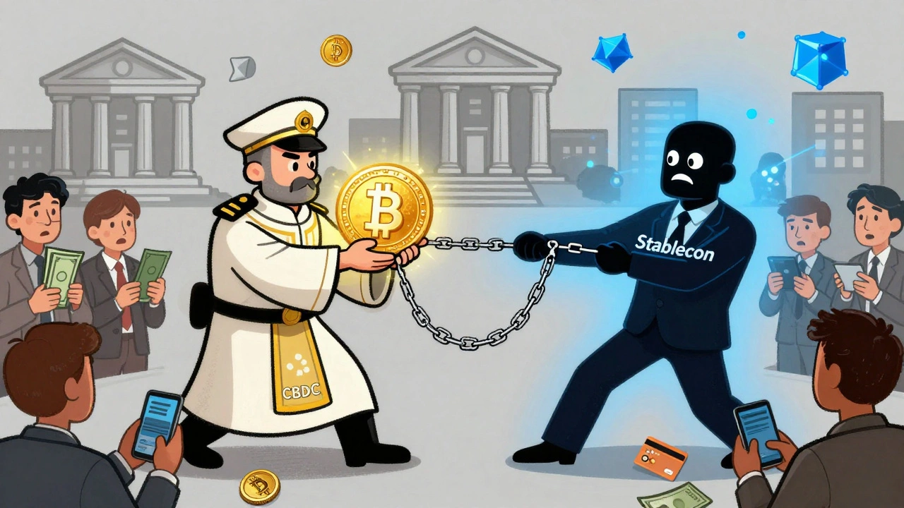 A tug-of-war between a government figure and a corporate figure over digital money, with citizens watching holding cash and phones.