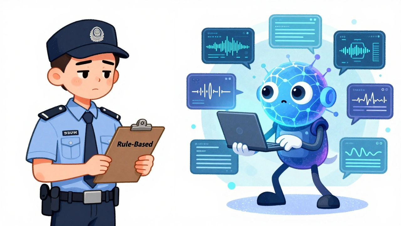 An AI with neural network eyes analyzes behavioral patterns like typing speed and device use to catch subtle fraud signs.