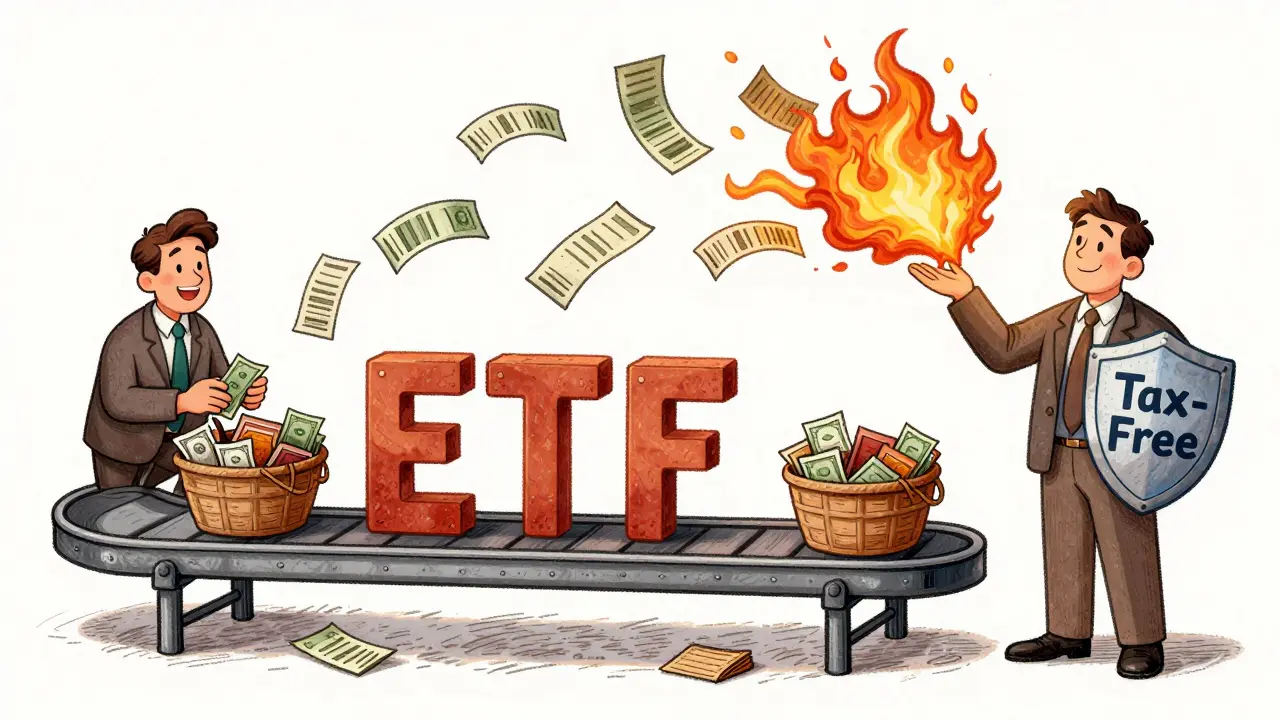 An ETF creation conveyor belt producing stock baskets without tax smoke, beside a mutual fund spewing fiery receipts.