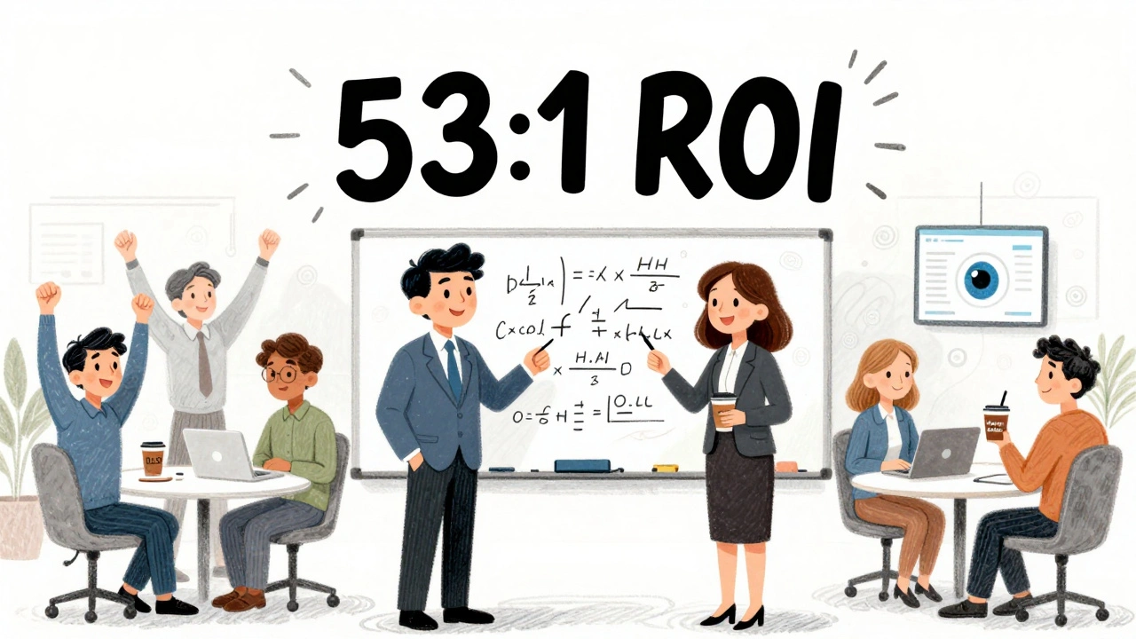 CFO and HR manager celebrating a 53:1 ROI with employees showing improved well-being, surrounded by data visuals.