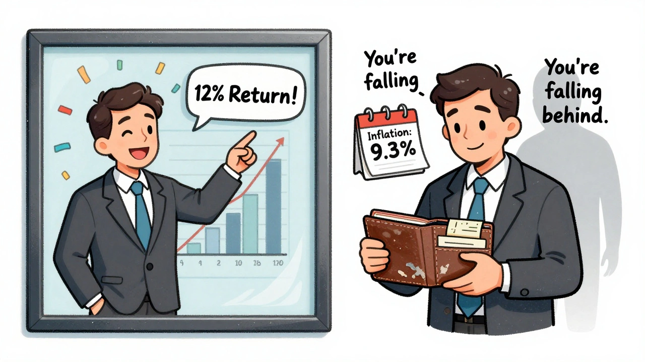 Split scene: glossy Wall Street ad on one side, a person with empty wallet and rising inflation calendar on the other.