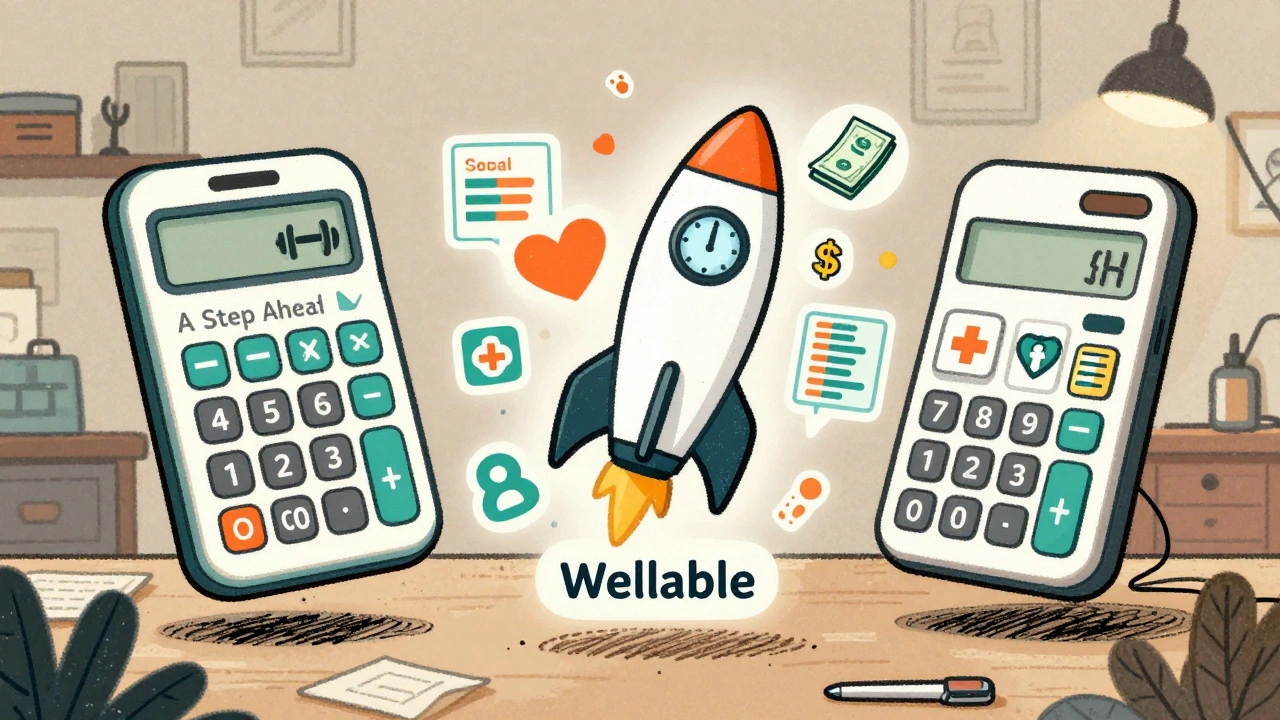 Three illustrated wellness ROI calculators side by side, each showing different metrics like steps, medical costs, and tenure.