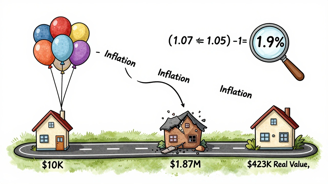 Timeline road showing a house growing from K to .87M on paper, but only 3K in real value due to inflation.