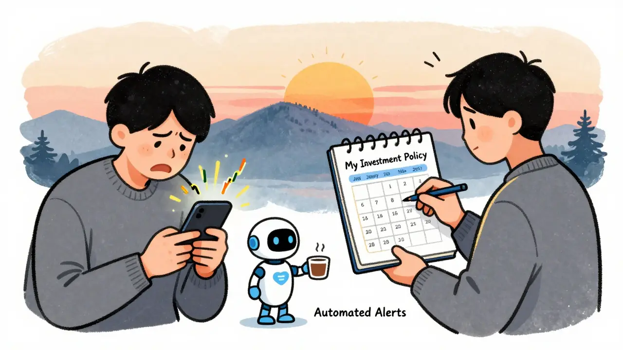 A calm person scheduling their next portfolio review while an AI assistant offers coffee, contrasting with chaotic stock charts.