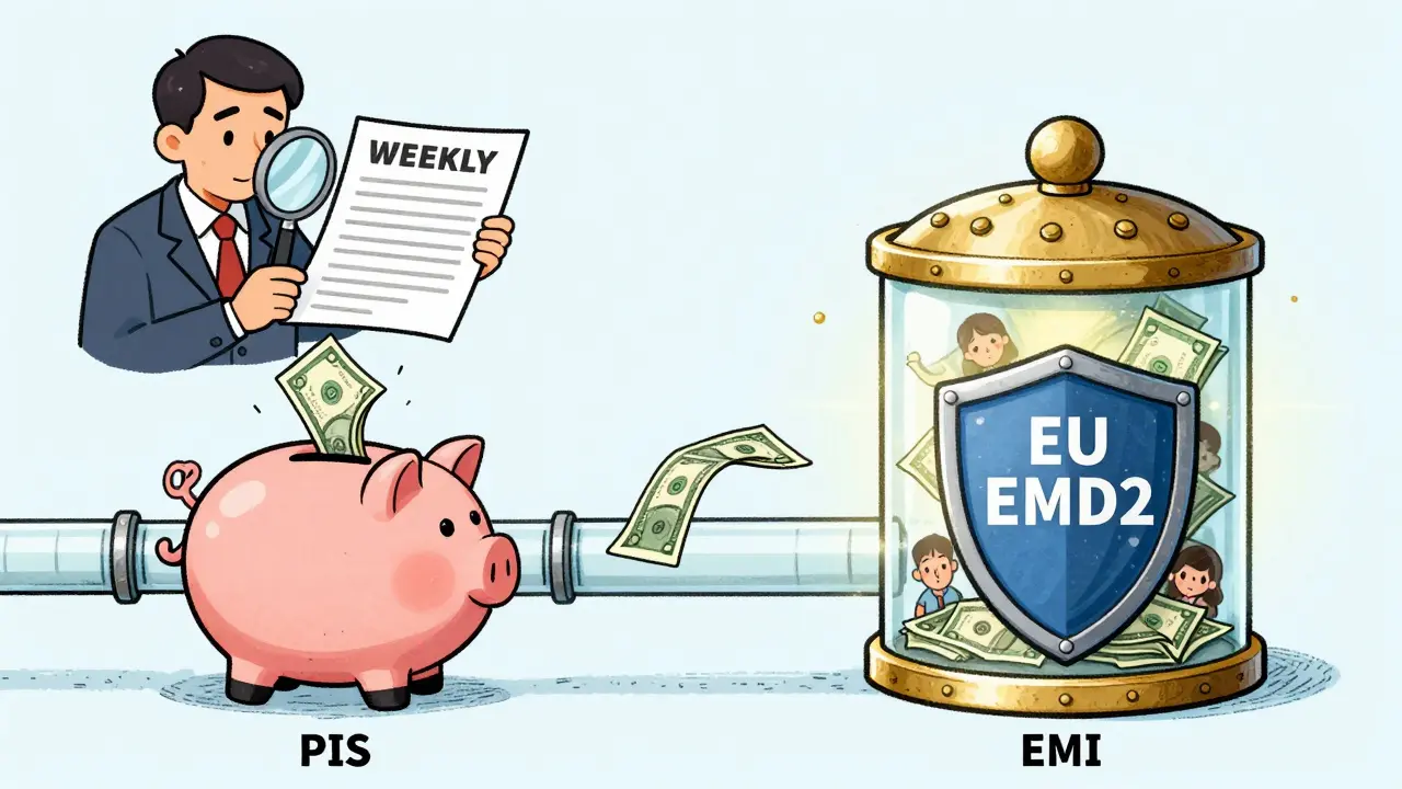 A protected vault holds customer funds for an EMI, while a PI’s money mixes with company funds in a piggy bank.