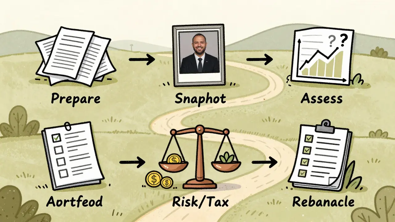 A whimsical five-step path illustrating the annual portfolio review process with visual stations.